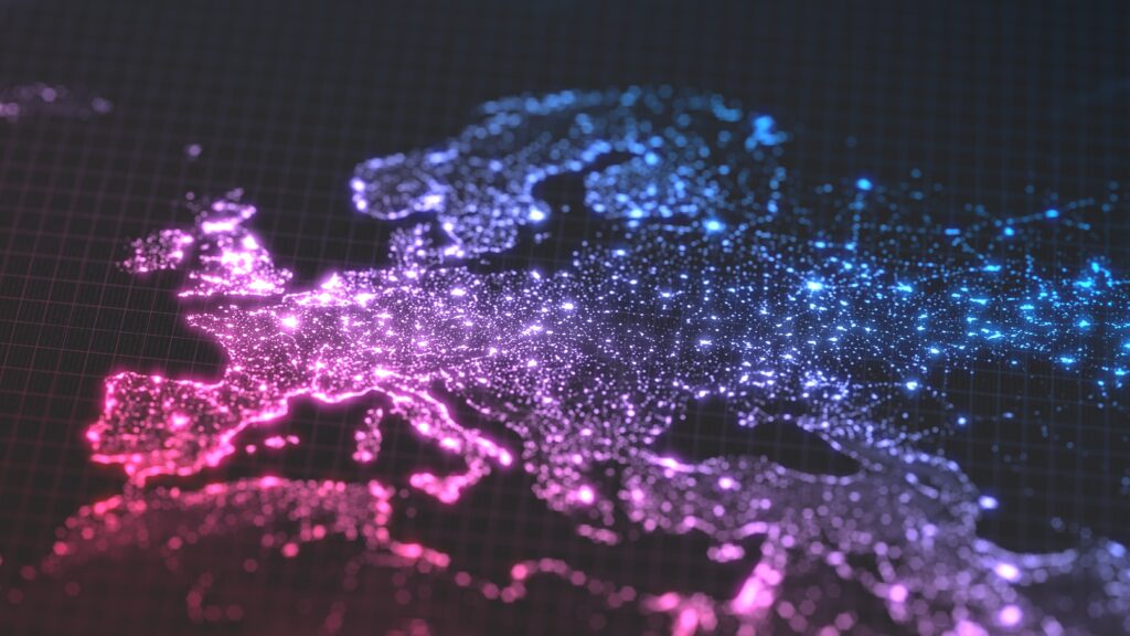 dark earth map with glowing details of city and human population density areas. wiew of europa. 3d illustration